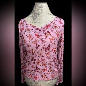 Women's Pink Butterfly Print Long-Sleeve Tee